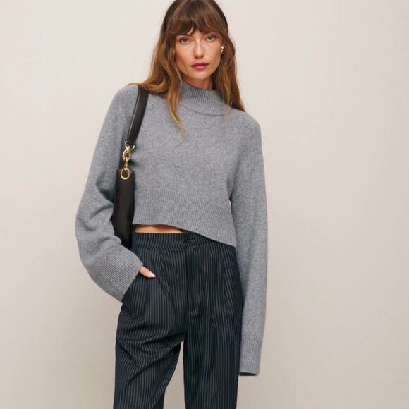 Reformation Garrett Turtleneck Cropped Cashmere Sweater in Husky Grey  Size XL - Picture 1 of 7